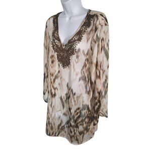 CHICOS Isabella Ikat Illusion Beaded Ivory + Brown Sheer Tunic Blouse - Size 1 M